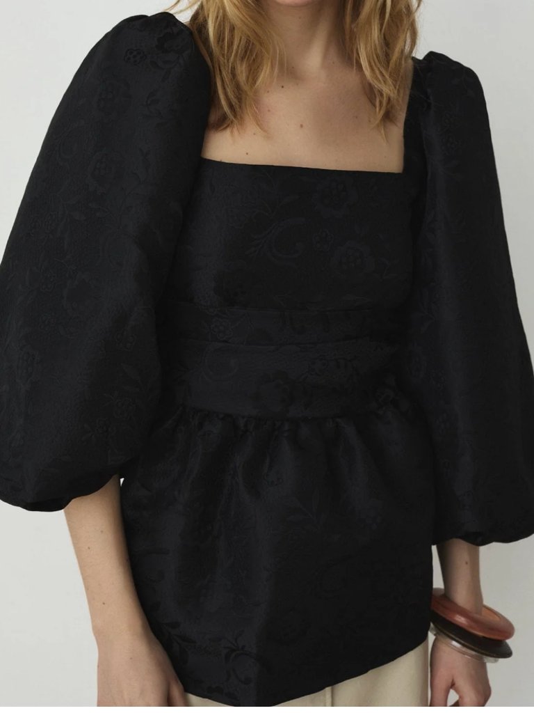 Laagam Cecile Black Blouse Nwt - Peplum Balloon Sleeve Open Back Top — image 2 of 5